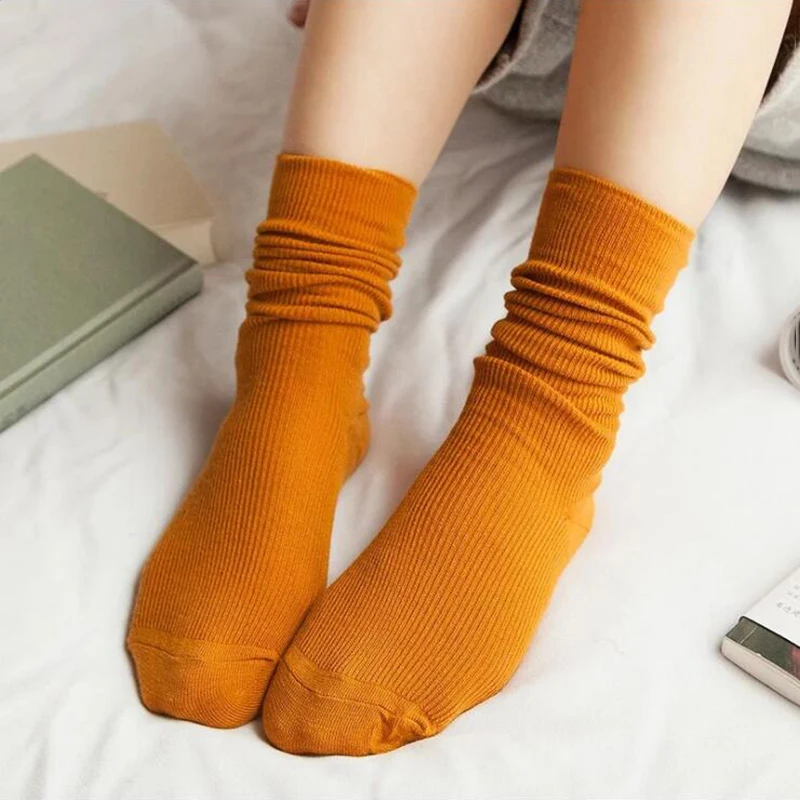 

New Autumn Solid Socks For Women Knitted Stretchy Orange Sokken Female Cotton Casual Calcetines Mujer Girls Green Sock Meias QMH