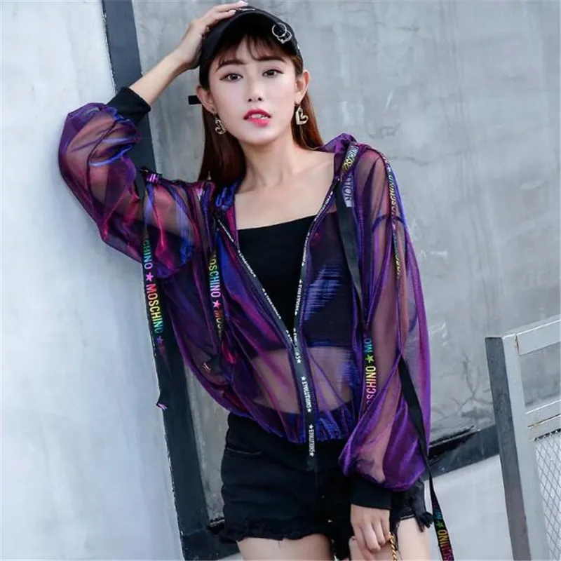 

2019 Gradient Women Jackets Harajuku Coats And Jacket Streetwear Windbreaker Loose Ribbon Baseball Uniform Sun Summer