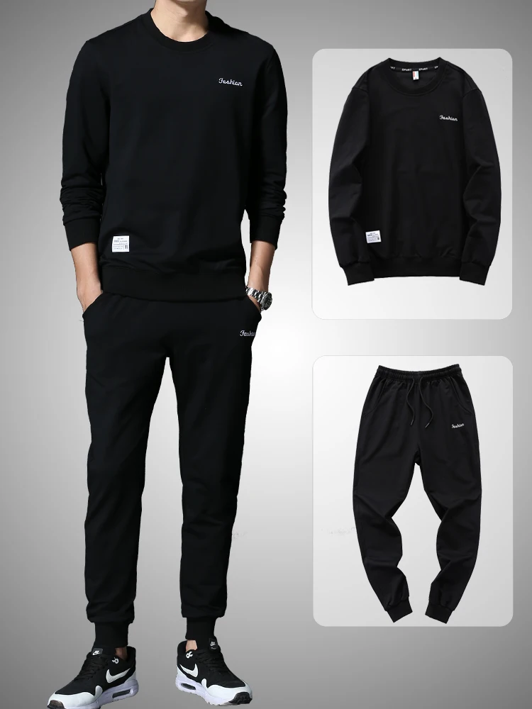 Black Suit B Спортивный костюм, Мужская весенняя и осенняя, новая Кепка, круглый воротник, головной убор, мужская повседневная куртка, спортивный свитер для мужчин - Цвет: Black Suit B