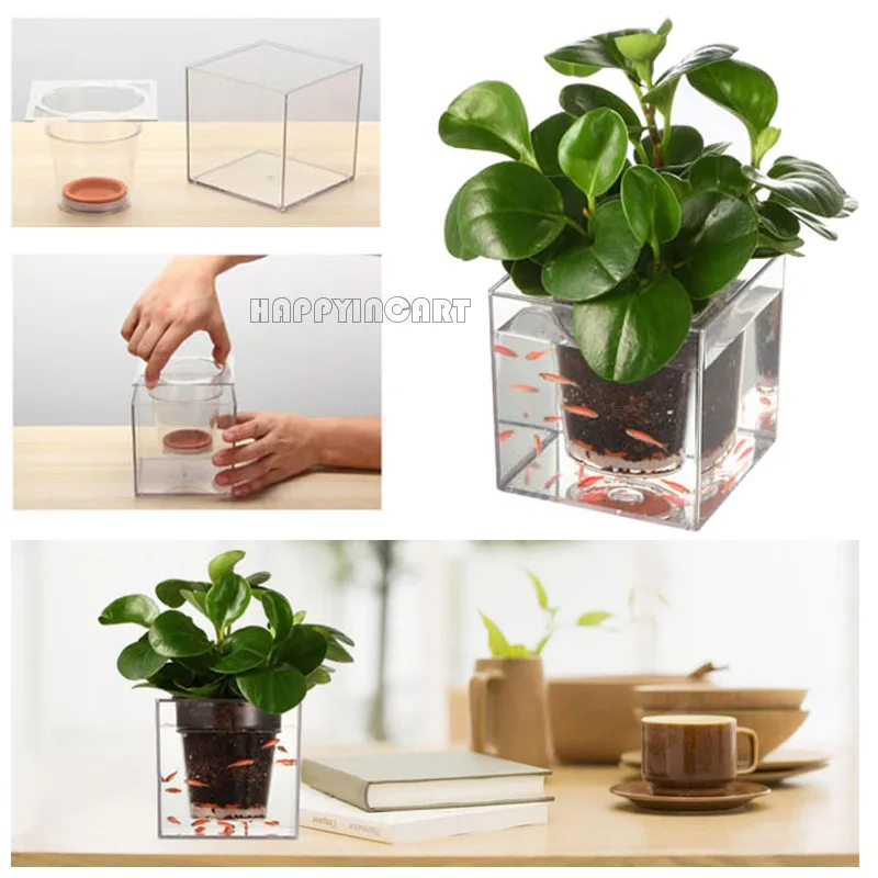 Creative Office Desktop Free Irrigation Plant Pot Planter Flowerpot Cube Transparent Fish fish and Plants in