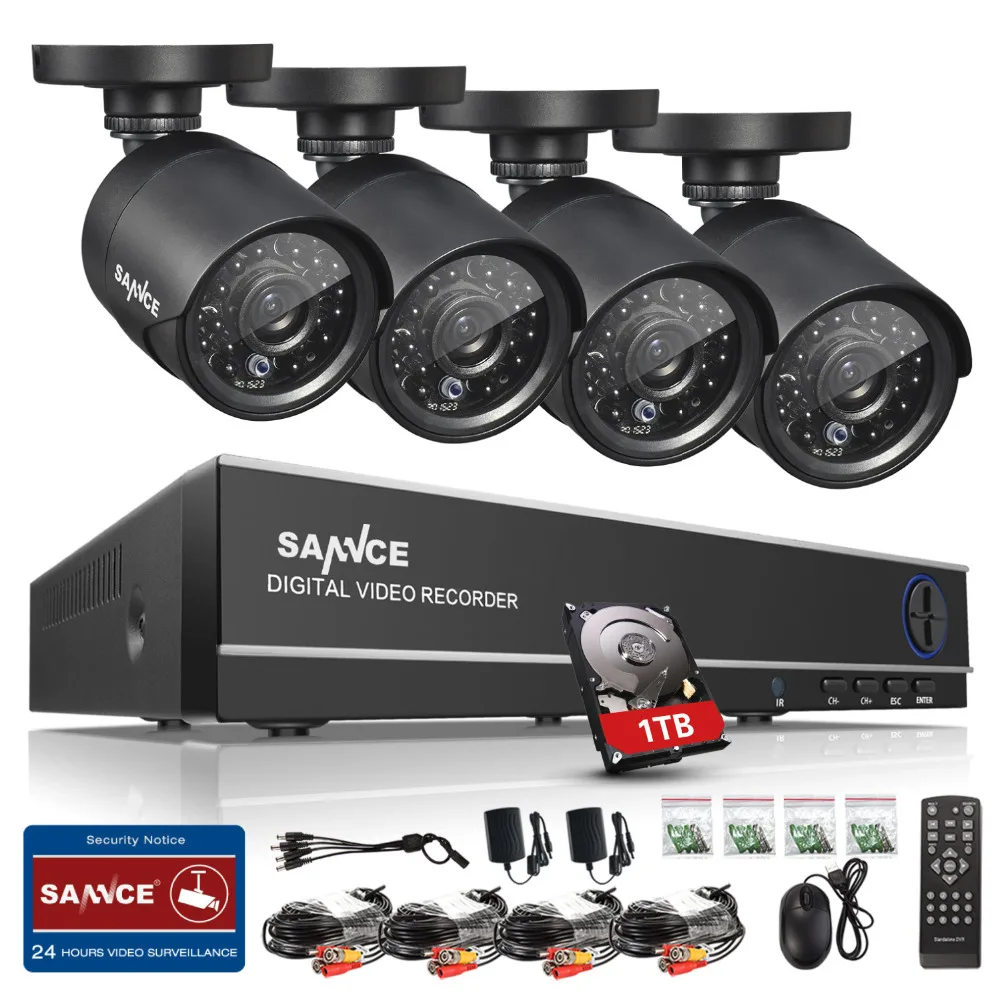 SANNCE HD 4CH CCTV System HDMI AHD DVR Kit 720P Outdoor Security Waterproof Night Vision Surveillance Kits With 4 Cameras 1TB