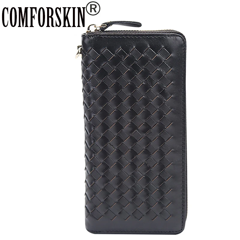 

COMFORSKIN Brand Vintage Hand-made Knitting Men Wallets Large Capacity 2018 Cowhide Leather Long Business Men Clutch Wallets