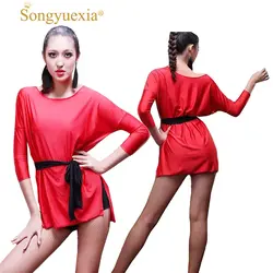 Songyuexia новый шаблон женщина Латинской Танцы одежда с длинным рукавом Латинской платье спереди и сзади шлица практика квадратный Танцы