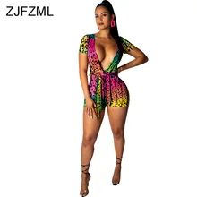 Сексуальный комбинезон для женщин с радужным леопардовым принтом, Летний Пляжный комбинезон с глубоким v-образным вырезом и коротким рукавом, Повседневные Вечерние комбинезоны с поясом