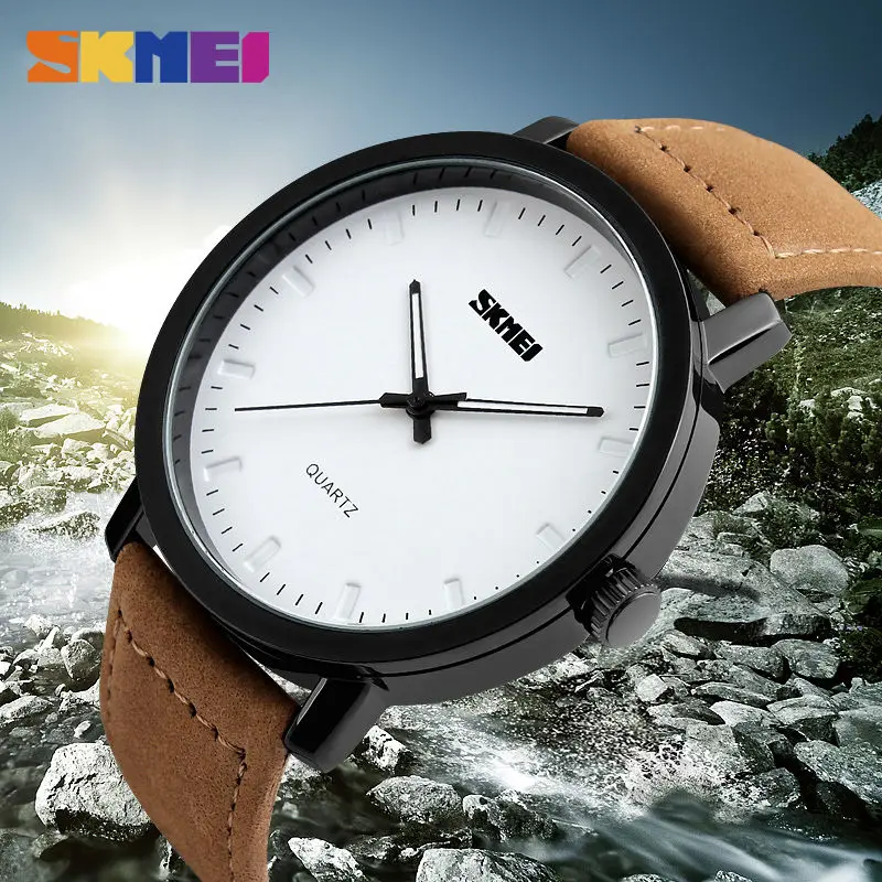 SKMEI Men Fashion Watches Casual Genuine Leather Strap Quartz Wristwatches 30M Waterproof Luxury Watch Relogio Masculino 1196