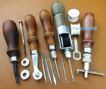 

5pcs Leather Craft 4in1 Lock Thread Awl Creasing Groover Over Stitching Wheel Tool Sewing Carving Stamp Knife Cutter Edger Skive