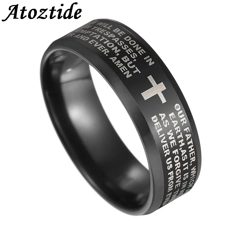 Atoztide 8mm Black Engraved Bible Cross Ring Mens Religious Stainless