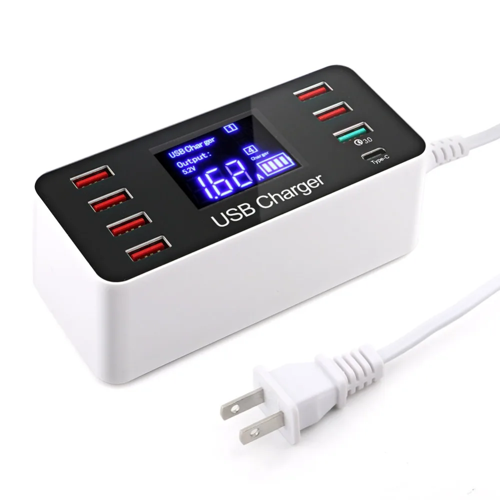 8-Port Quick Charger 3.0 Type-C USB Power Adapter Desktop Charging Station LED Display for iPhone Samsug Mobile Phone Charger