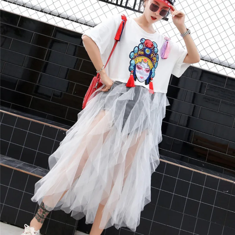 

LANMREM 2019 Summer New Sweet Fashion Clothes O-Neck Short Sleeve Embroidery Sequined Patchwork Mesh Loose Feminina Dresses