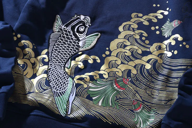 Embroidery Carp Fish Waves Printed Hoodies 11