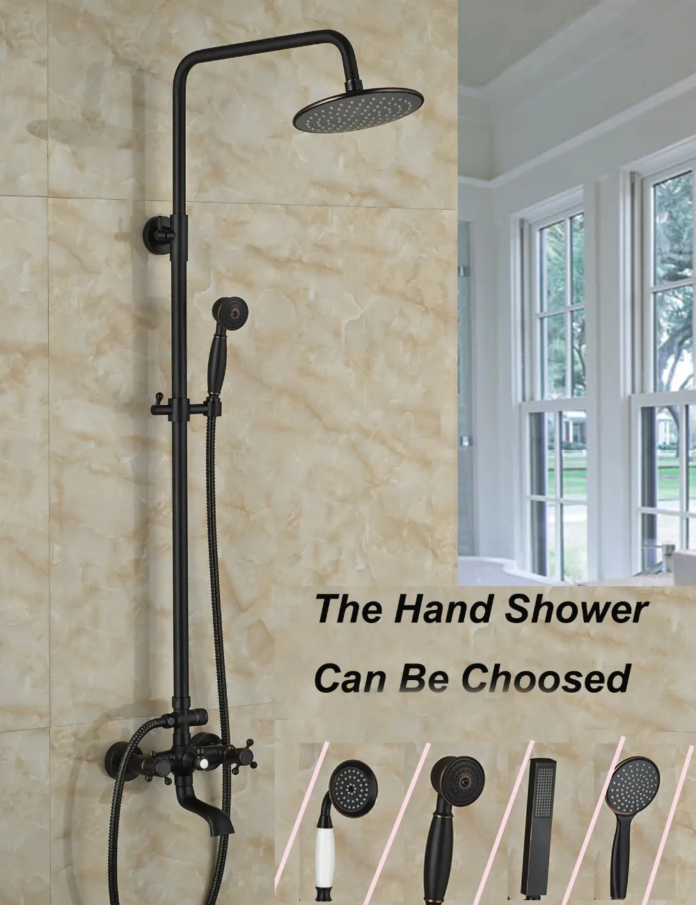 

Oil Rubbed Bronze Dual Handles Rain Shower Faucet Round Shower Head Mixer Tap W/ Hand Shower