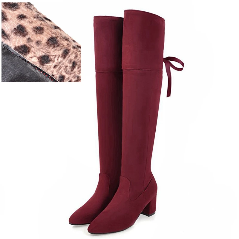 Reave Cat/Сапоги до колена сзади узел молния Для женщин сапоги на среднем каблуке из флока с острым носком модные, пикантные осень-зима одноцветное Большие размеры A112 - Цвет: Red Short fur