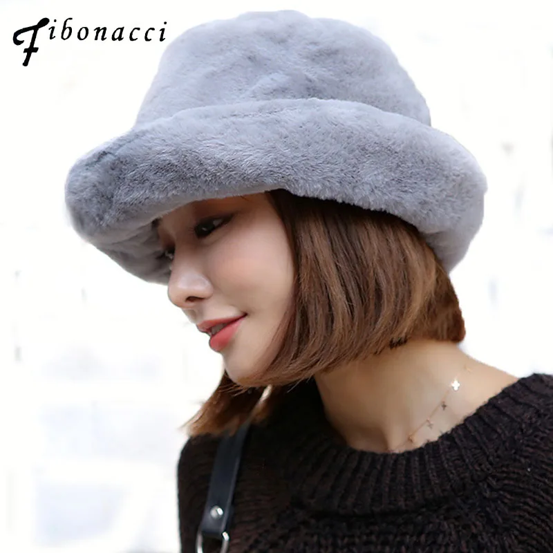 

Fibonacci women winter crimping bucket hat thick warm elegant solid color fur hats ladies fashion caps