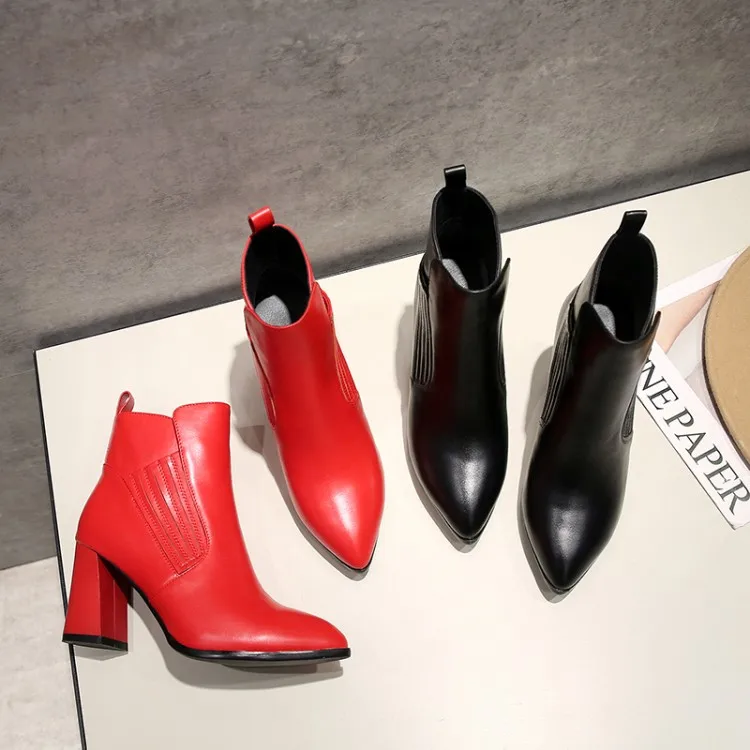 

MLJUESE 2020 women ankle boots soft cow leather autumn spring red color slip on pointed toe high heels women boots size 34-42