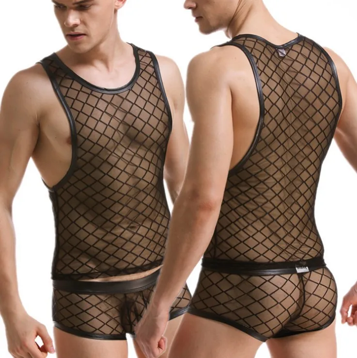 Male Sexy Sheer Black Diamond Mesh Leather Trim Undershirt Vest Singlet with Matching Boxer Brief Erotic Lingerie Set for Him