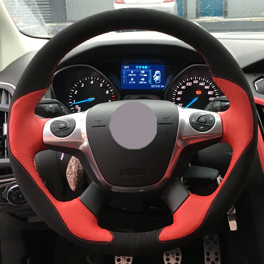 Black Suede Red Leather Car Steering Wheel Cover for Ford Focus 3 2012