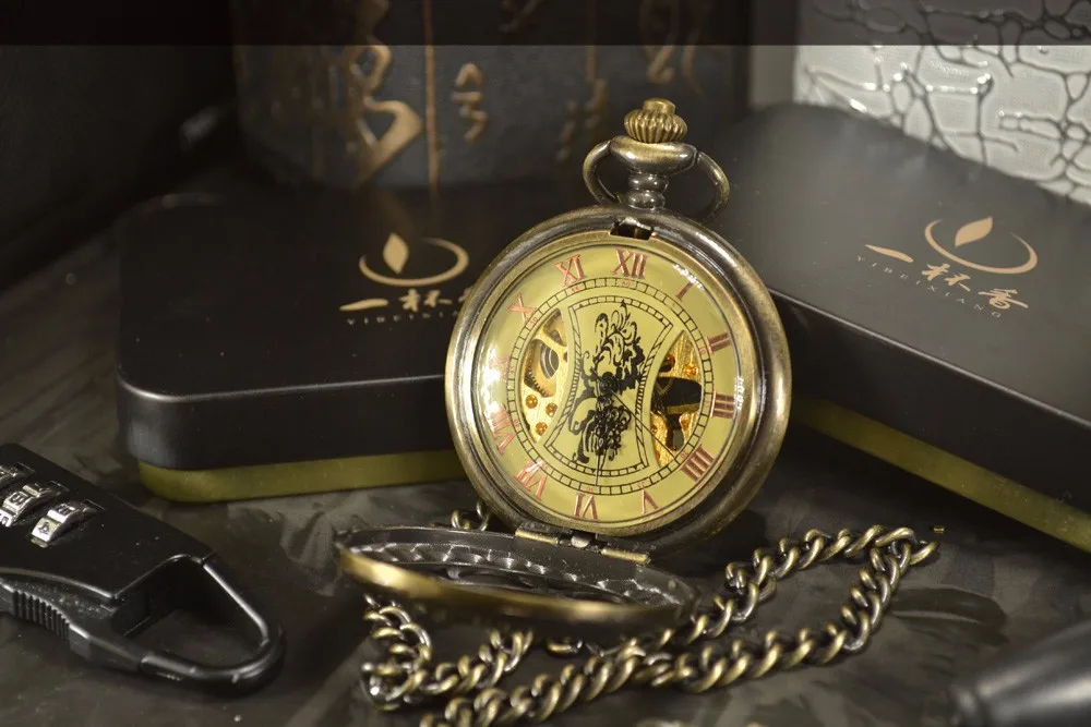 Роскошные скелет бронза ретро античный скелет механические карманные часы Для мужчин цепи Цепочки и ожерелья Бизнес карман и Fob часы