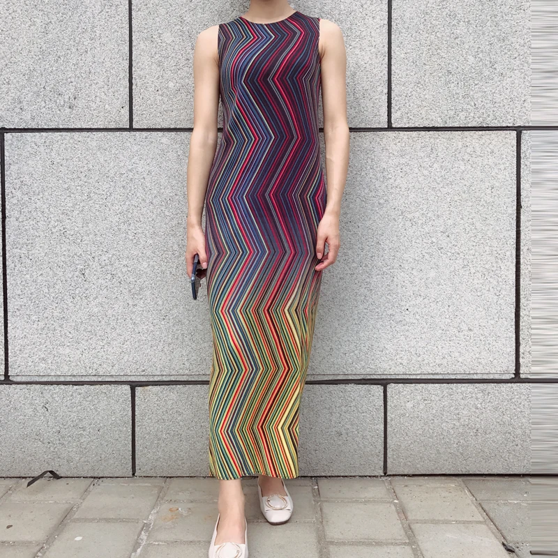 Changpleat 2019 летнее платье в полоску с геометрическим принтом miяка плиссированные