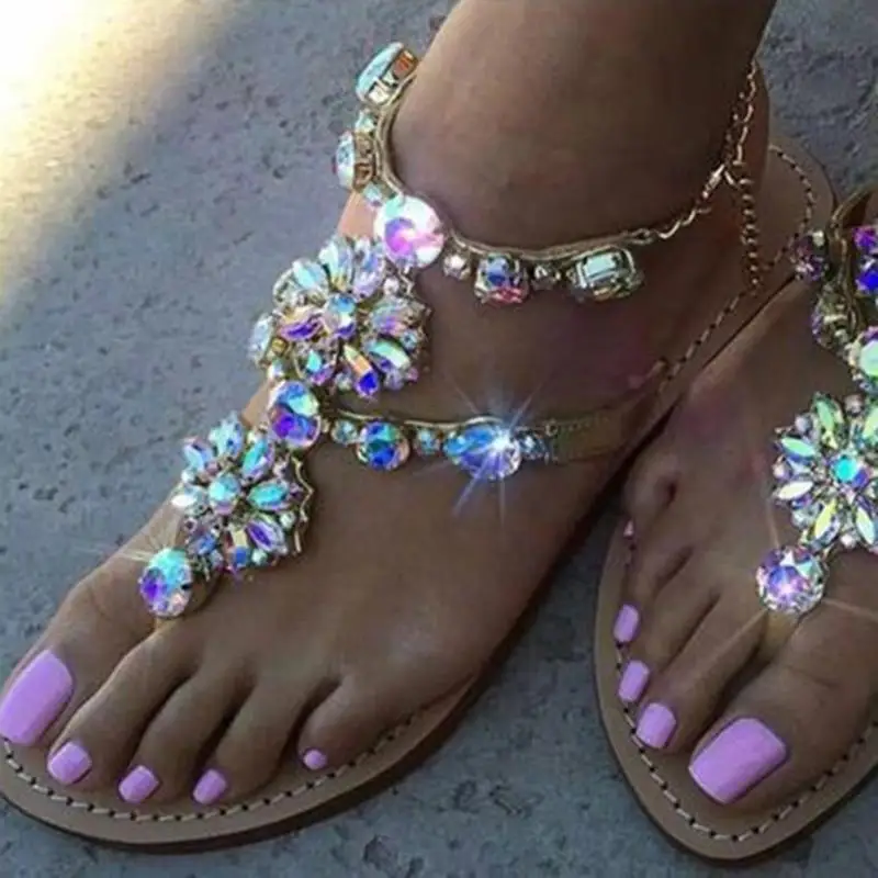 

Woman Sandals Women Shoes Rhinestones Chains Thong Gladiator Flat Sandals Crystal Chaussure Tenis Feminino Fashion Beach Sandals