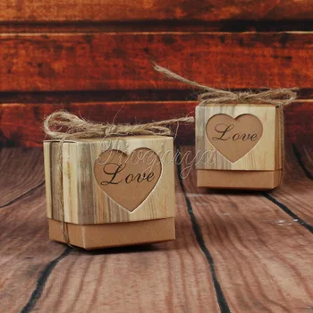 

25pcs Candy Box Wedding Hearts in Love Rustic Kraft Imitation Bark with Burlap Twine Chic Vintage Wedding Favor Gift Boxes