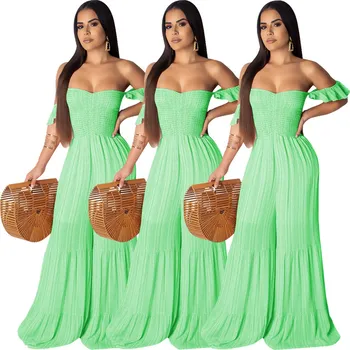 

2019 Summer Women Beach Jumpsuit Ruffles Loose Ruffled Sleeve Off Shoulder Overalls Sexy Backless Pleated Wide Leg Romper
