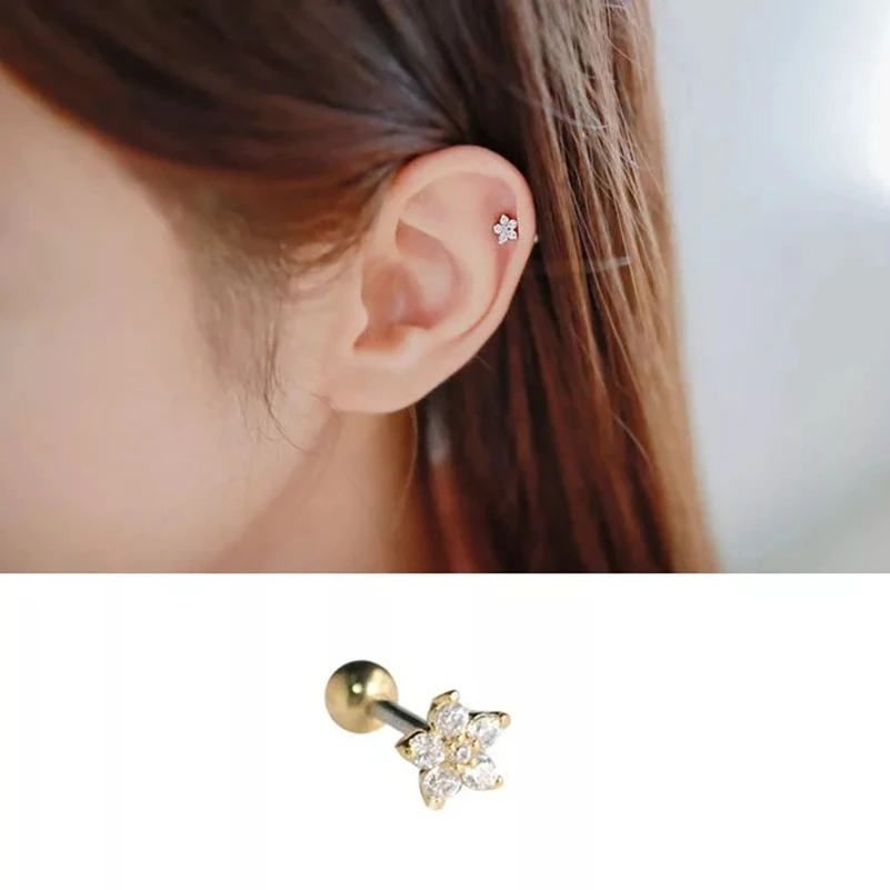 

S925 sterling silver earrings fashion flowers screw stud earrings cute ear bones nail sweet fresh female girl silver ear jewelry