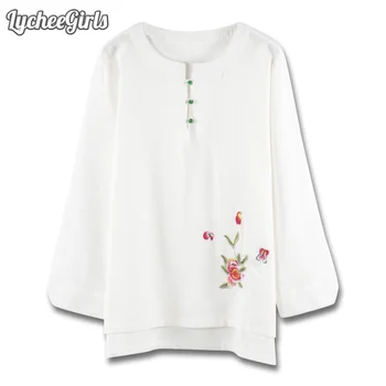 

LycheeGirls Spring Autumn Women Blouse Floral Embroidery Button Three Quarter Sleeve Shirt Tops Female