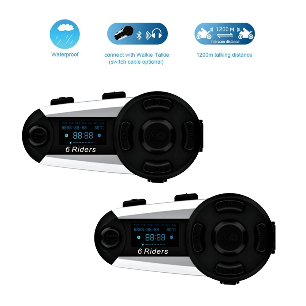 

2Pcs QPLOVE T20S Motorcycle Helmet Bluetooth Intercom 1200M Distance 6 Rider Waterproof Wireless with Screen Supports FM Radio