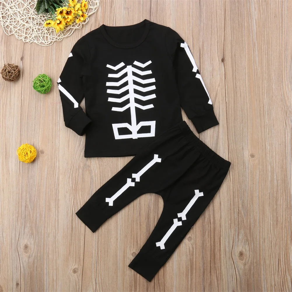 Комплект из 2 предметов; футболка с длинными рукавами для маленьких мальчиков и девочек+ длинные штаны; костюмы на Хэллоуин со скелетом