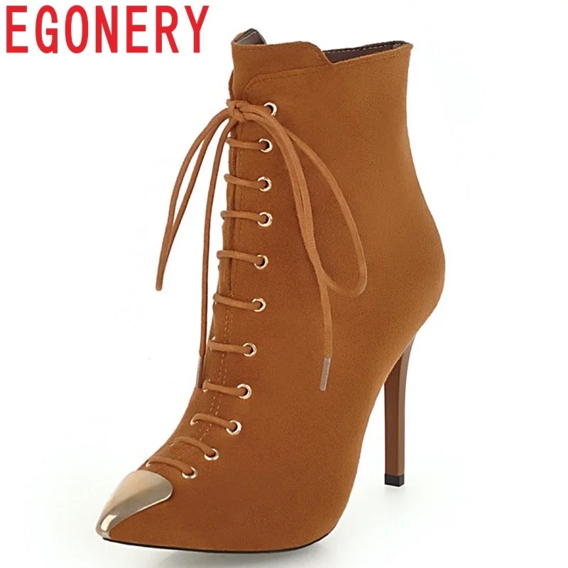 

EGONERY 2018 winter new fashion sexy flock women shoes super high thin heels pointed toe cross-tied zip three colors ankle boots