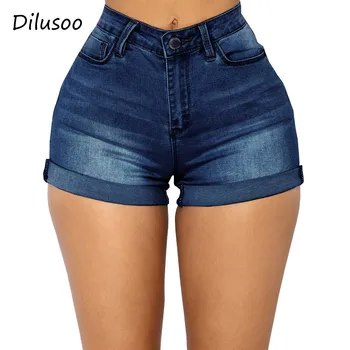 

Dilusoo Women Denim Shorts High Waist Jeans Elastic Pleated Cuffs Shorts Classic Blue Casual Summer Short Pants Women Trousers