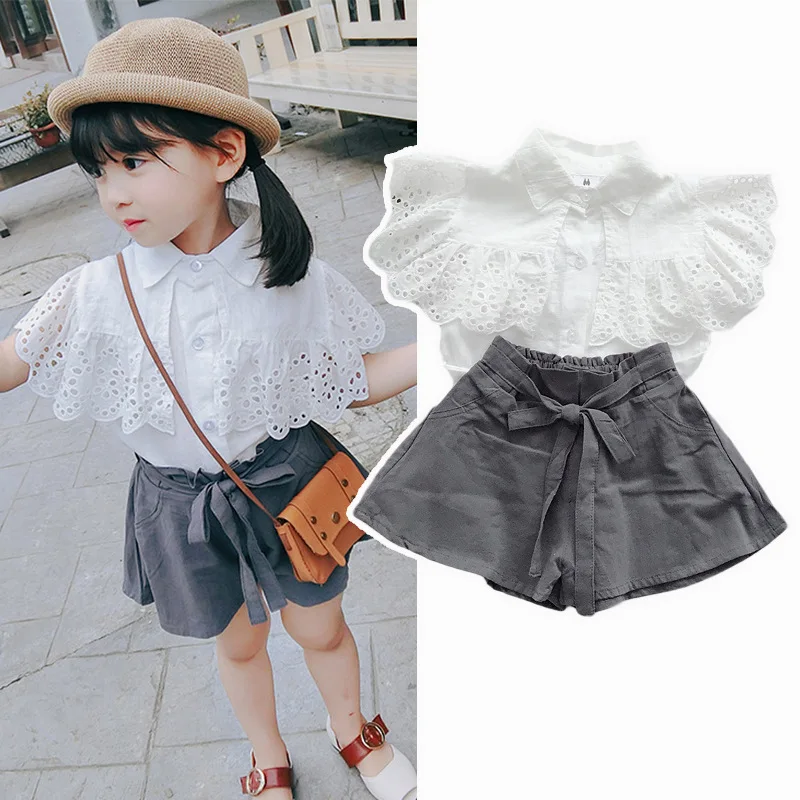 

2019 New Girls Summer Clothes Outfits Ruffled Cloak Blouse + Gray Pants 2pcs Children Clothes Set for 2~7 Age Girl Clothes Suit