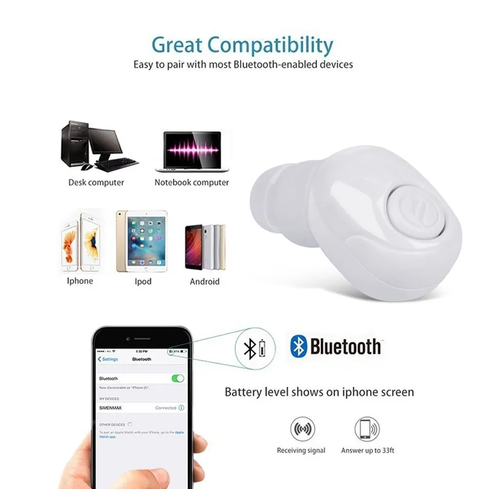 Мини наушники невидимые в ухо Bluetooth V4.2 с сенсорным управлением беспроводные