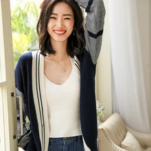 LHZSYY Spring And Autumn New Women' Cashmere Cardigan Sweater V-neck Large Size Stitching Knitted Wild Wool Cardigan Loose Shirt