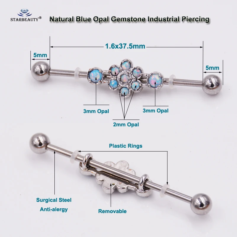 Starbeauty 1 шт. натуральный опал заводской пирсинг серьги 14 г 3 мм синий камень ухо для пирсинга, из хирургической стали штанги ювелирные изделия для тела