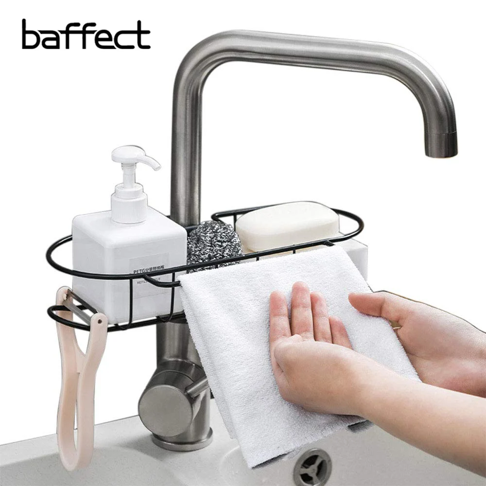 

Baffect Kitchen Sink Tidy Metal Sponge Drain Holder Organizer Bathroom Kitchen Faucet Clip Towel Drain Dry Storage Shelf