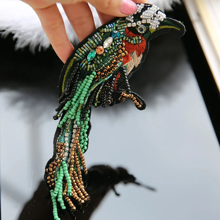 

Sequins birds animal beaded patch for clothing large embroidery parrot applique decoration patches sewing on accessories