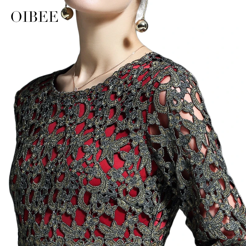 OIBEE2019 Весна и лето Новая мода Полые Вышивка семь точек рукав платье цвета шампанского золото