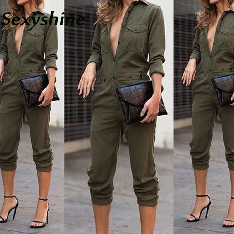 Sexy Women New Fashion Slim Bodycon Комбинезон с длинным рукавом Army Green Solid Casual Bodysuit Ladies Vintage Romper Long