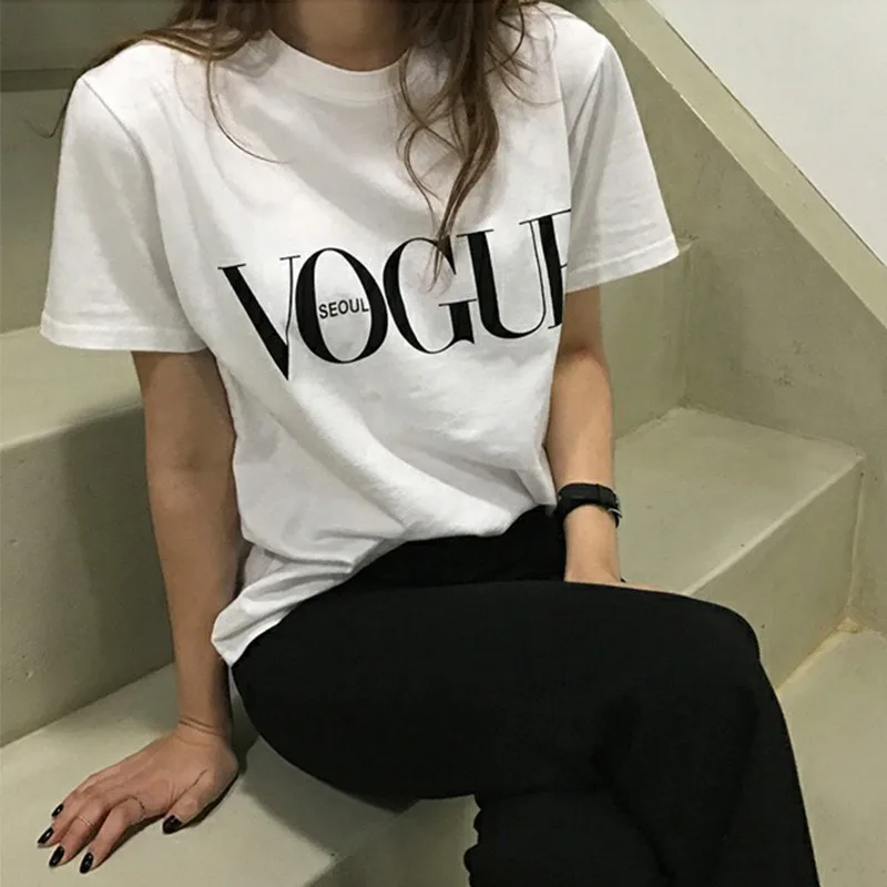 Модные летние топы с короткими рукавами для девочек, одежда для женщин, VOGUE, с буквенным принтом, Harajuku, футболка, красная, черная, женская футболка, Camisas