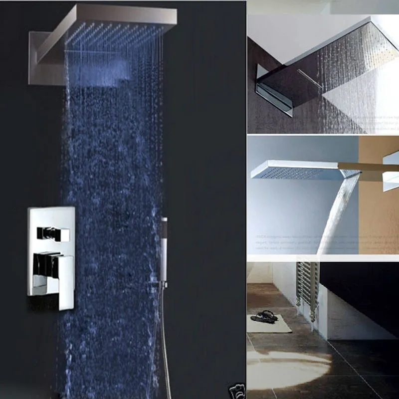 Chrome Brass Waterfall Rain Shower Set Mixer Faucet Single Handle with Handshower Mixer Taps with LED
