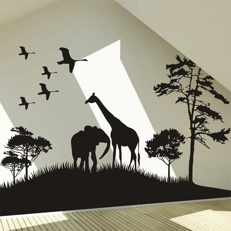 Большой размер, сафари, Африка, наклейки с животными на стену, дерево, трава, наклейка на стену, жираф, животные, наклейка на стену, домашний декоративный Декор