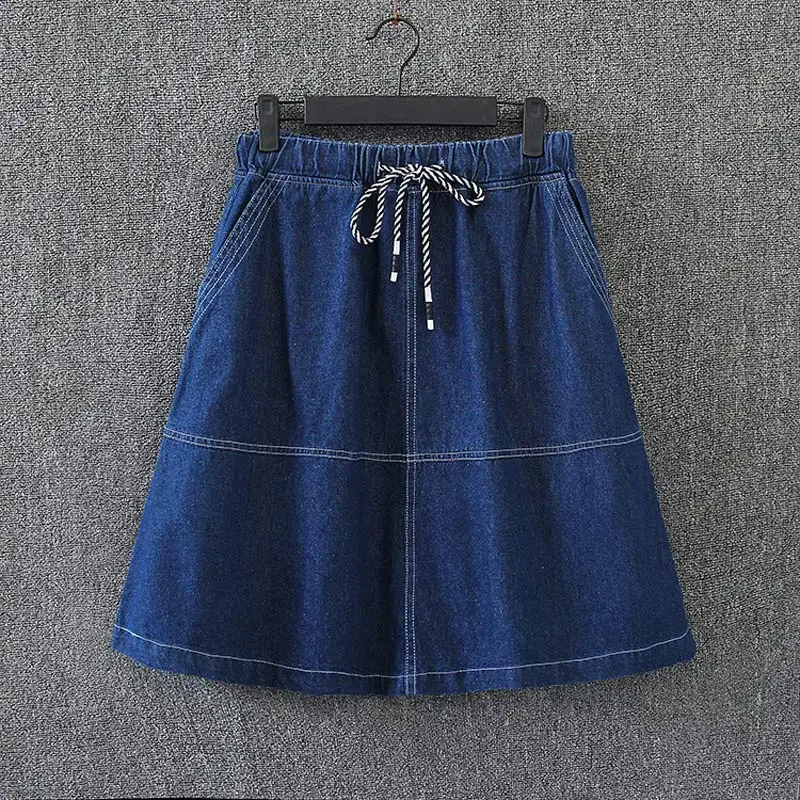 

S6 Spring Casual Women Denim skirts 3XL Plus Size Clothes Fashion Drawstring waist A-line skirt 1005