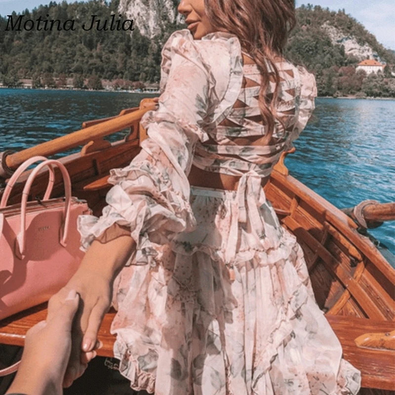 Motina Julia 2018 back bandage chiffon print dress women ruffled mini beach dress