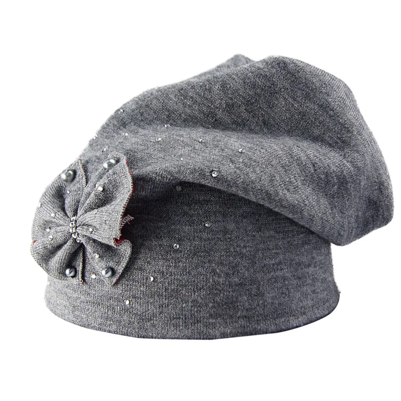 Зимняя Цветочная шапка, женские вязаные шапки с кристаллами для женщин, шапочки, шапка с бриллиантами, вязаная шапка с ушками, женские шляпы, аксессуары - Цвет: grey