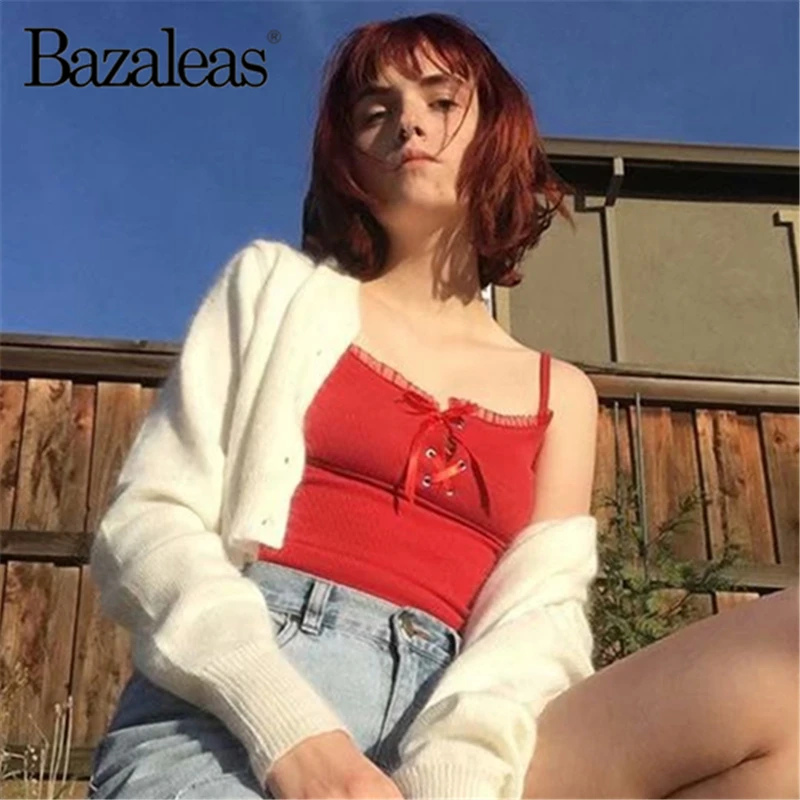 

Bazaleas Sexy Red Fashion Slim Women Tank Top Center bow Cropped Camis Lace Patchwork women crop top Casual drop shipping