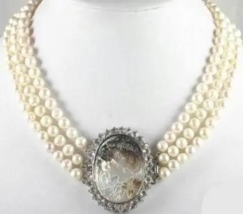

0001212 3 ROW 7-8MM WHITE Akoya PEARL SHELL CLASP NECKLACE AAA