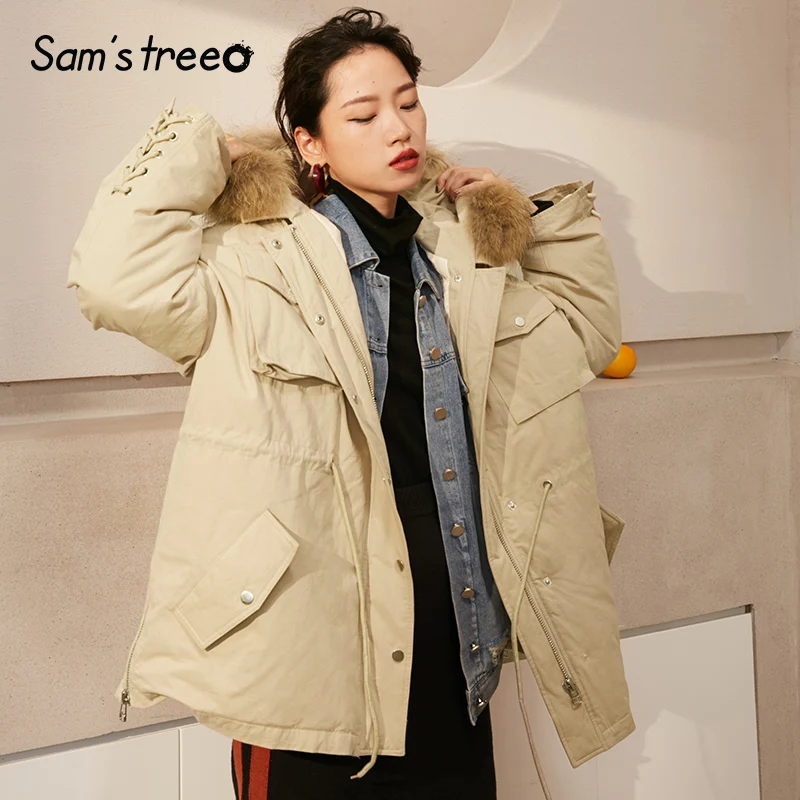 

Samstree Solid Drawstring Warmness Women Down Coats 2019 Winter Fur Collar Hooded Elastic Waist Parka Office Ladies Outwear