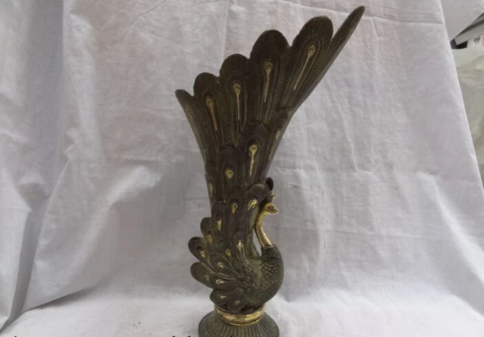 

S5004 14"Chinese Bronze Gilt FengShui Bird Peacock Peafowl Phoenix Zun Statue Vase Pot D0317