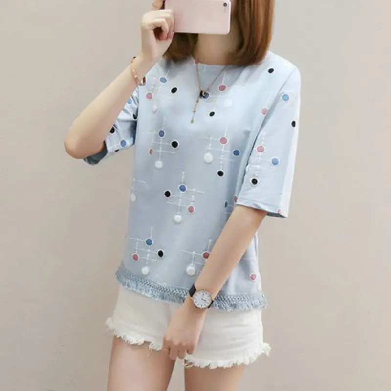 

Korea ulzzang small fresh t-shirt female short-sleeved loose casual top tassel wild shirt women